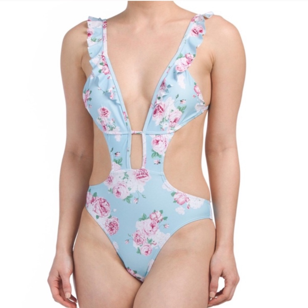 NEW One Piece Swimsuit Cikada Blue Bouquet Rose size 6